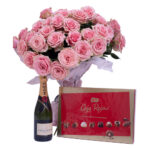 Pack Ramo de rosas rosadas + Bombones 400gr. + Botella Möet & Chandon